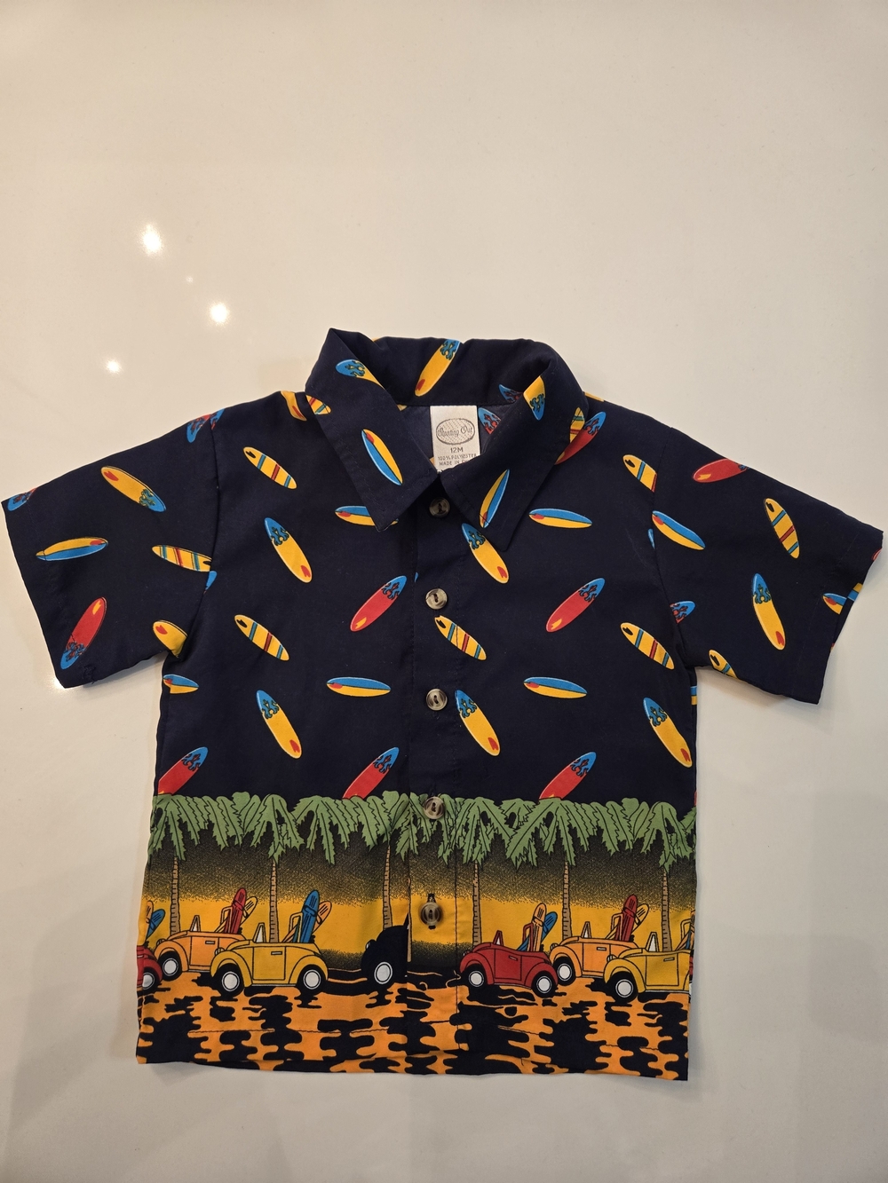 Navy Surfboard & Beach Car Print Camp Shirt